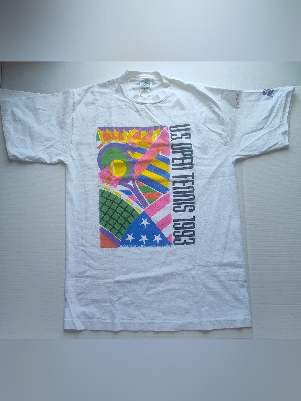 Vintage 1993 US Open Tennis Shirt Men's Medium Single Stitch White Ferons Sports